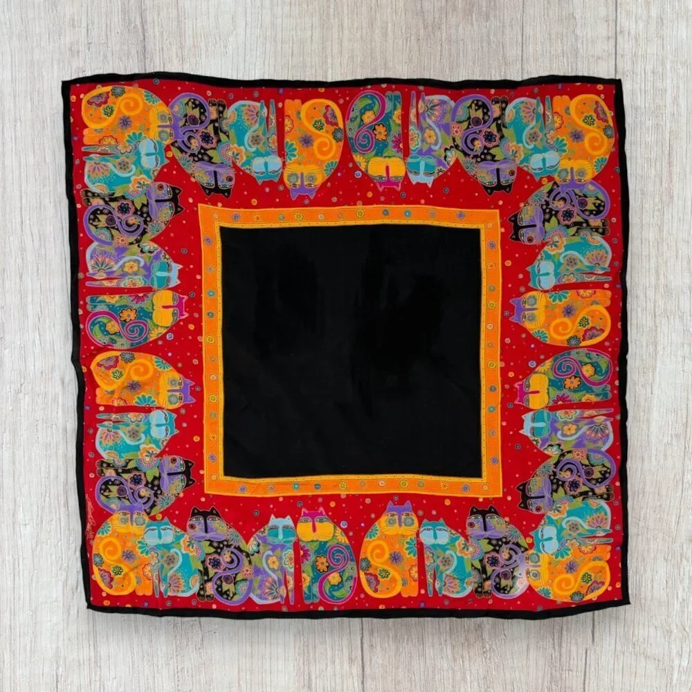 Laurel Burch Colorful Cats Silk Square Scarf Red Black Art Print